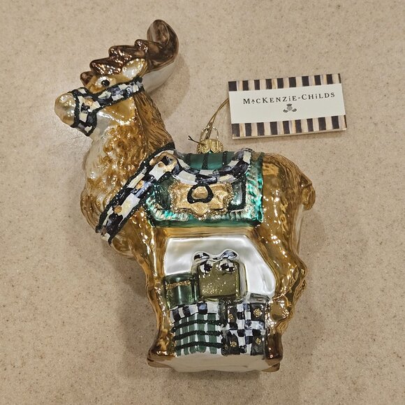 MACKENZIE CHILDS SANTA REINDEER COURTLY CHECK CHRISTMAS HOLIDAY GLASS ORNAMENT - Picture 1 of 13